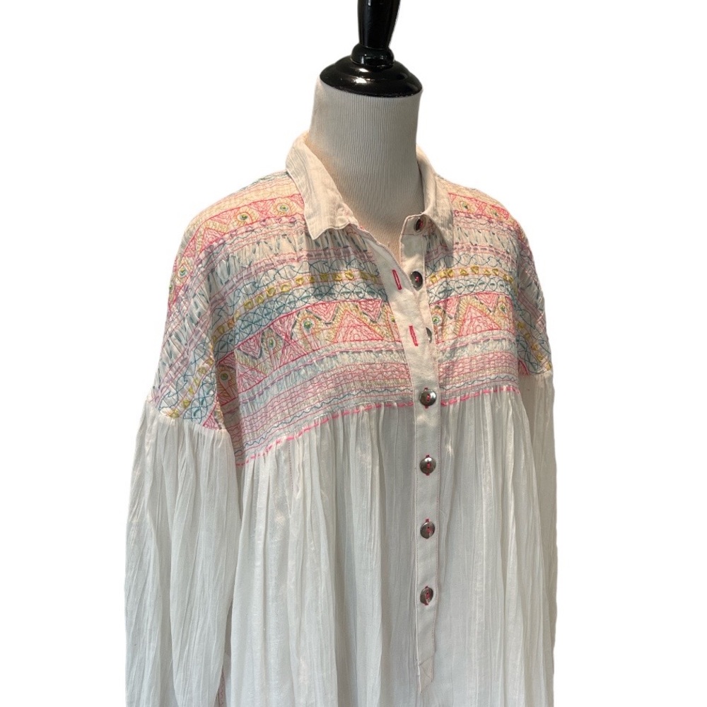FREE PEOPLE ANNA MARIE EMBROIDERED BUTTON FRONT LONG SLEEVE TUNIC SHIRTDRESS - Picture 3 of 12